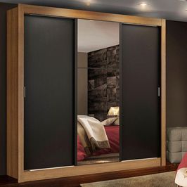 Guarda Roupa Casal Madesa Lyon Plus 3 Portas de Correr com Espelho 4 Gavetas Rustic/Preto