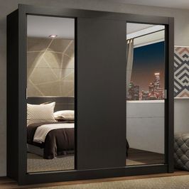 Guarda-Roupa Casal Madesa Lyon Plus 3 Portas de Correr com Espelhos 4 Gavetas Preto