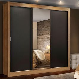 Guarda Roupa Casal Madesa Lyon 3 Portas de Correr com Espelho 2 Gavetas - Rustic/Preto Rustic/Preto