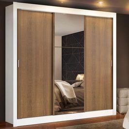 Guarda Roupa Casal Madesa Mônaco 3 Portas de Correr com Espelho - Branco/Rustic Branco/Rustic