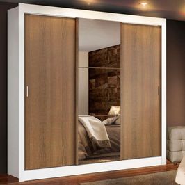 Guarda Roupa Casal Madesa Lyon Plus 3 Portas de Correr com Espelho 4 Gavetas - Branco/Rustic Branco/Rustic