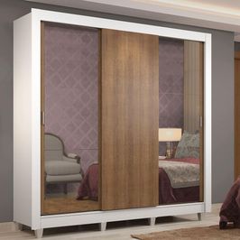 Guarda-Roupa Casal Madesa Lyon 3 Portas de Correr com Espelhos 2 Gavetas com Pés Branco/Rustic