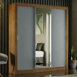 Guarda-Roupa Casal Madesa Mônaco 3 Portas de Correr com Espelho - Rustic/Cinza Rustic/Cinza