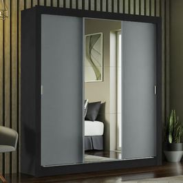 Guarda-Roupa Casal Madesa Mônaco 3 Portas de Correr com Espelho - Preto/Cinza Preto/Cinza