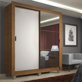 Guarda-Roupa Solteiro Madesa Denver 2 Portas de Correr com Espelho com Pés - Rustic/Branco Rustic/Branco