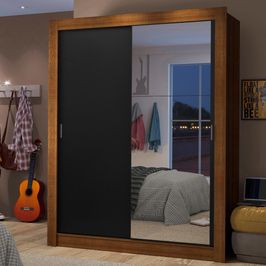 Guarda-Roupa Solteiro Madesa Dallas 2 Portas de Correr com Espelho 2 Gavetas - Rustic/Preto Rustic/Preto