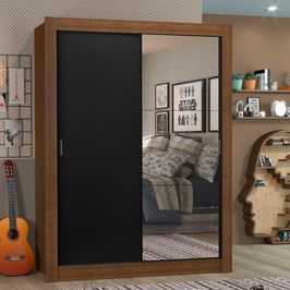 Guarda-Roupa Solteiro Madesa Denver 2 Portas de Correr com Espelho - Rustic/Preto Rustic/Preto
