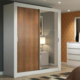 Guarda-Roupa Solteiro Madesa Dallas 2 Portas de Correr com Espelho 2 Gavetas - Branco/Rustic Branco/Rustic