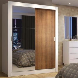 Guarda-Roupa Solteiro Madesa Denver 2 Portas de Correr com Espelho - Branco/Rustic Branco/Rustic