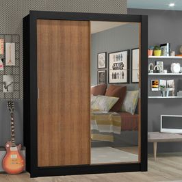 Guarda-Roupa Solteiro Madesa Denver 2 Portas de Correr com Espelho - Preto/Rustic Preto/Rustic
