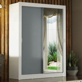 Guarda-Roupa Solteiro Madesa Denver 2 Portas de Correr com Espelho - Branco/Cinza Branco/Cinza