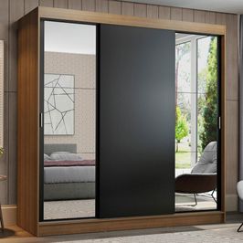 Guarda-Roupa Casal Madesa Reno 3 Portas de Correr com Espelhos - Rustic/Preto Rustic/Preto