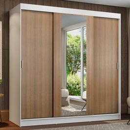 Guarda-Roupa Casal Madesa Reno 3 Portas de Correr com Espelho - Branco/Rustic Branco/Rustic