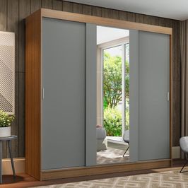 Guarda-Roupa Casal Madesa Reno 3 Portas de Correr com Espelho - Rustic/Cinza Rustic/Cinza