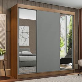 Guarda-Roupa Casal Madesa Reno 3 Portas de Correr com Espelhos - Rustic/Cinza Rustic/Cinza