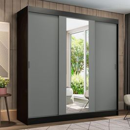Guarda-Roupa Casal Madesa Reno 3 Portas de Correr com Espelho - Preto/Cinza Preto/Cinza