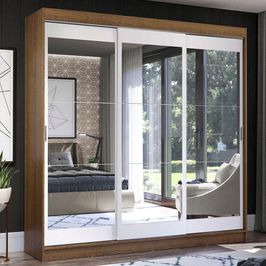 Guarda-Roupa Casal Madesa Istambul 3 Portas de Correr de Espelho 3 Gavetas - Rustic/Branco Rustic/Branco