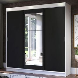 Guarda-Roupa Casal Madesa Istambul 3 Portas de Correr com Espelho 3 Gavetas - Branco/Preto Branco/Preto