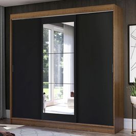 Guarda-Roupa Casal Madesa Istambul 3 Portas de Correr com Espelho 3 Gavetas - Rustic/Preto Rustic/Preto
