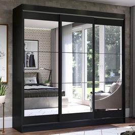 Guarda-Roupa Casal Madesa Istambul 3 Portas de Correr de Espelho 3 Gavetas - Preto Preto