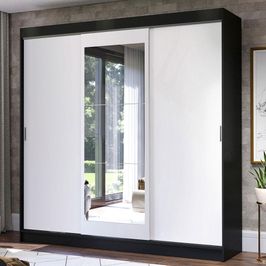 Guarda-Roupa Casal Madesa Istambul 3 Portas de Correr com Espelho 3 Gavetas - Preto/Branco Preto/Branco