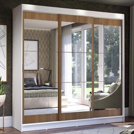 Guarda-Roupa Casal Madesa Istambul 3 Portas de Correr de Espelho 3 Gavetas - Branco/Rustic Branco/Rustic