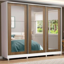 Guarda-Roupa Casal Madesa 100% MDF Eros 3 Portas de Correr de Espelho com Pés - Branco/Rustic Branco/Rustic