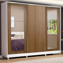 Guarda-Roupa Casal 100% MDF Madesa Eros 3 Portas de Correr com Espelhos com Pés - Branco/Rustic Branco/Rustic
