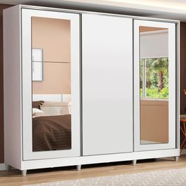 Guarda-Roupa Casal 100% MDF Madesa Eros 3 Portas de Correr com Espelhos com Pés - Branco Branco