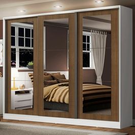Guarda-Roupa Casal 100% MDF Madesa Eros 3 Portas de Correr de Espelho - Branco/Rustic Branco/Rustic