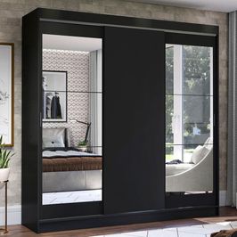 Guarda-Roupa Casal Madesa Istambul 3 Portas de Correr com Espelhos 3 Gavetas - Preto Preto