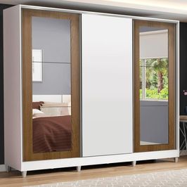 Guarda-Roupa Casal Madesa Eros 3 Portas de Correr com Espelhos com Pés - Branco/Rustic/Branco Branco/Rustic/Branco