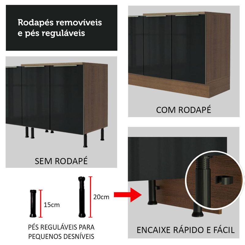 Balcão Gabinete de Pia Madesa Lux 120 cm 2 Portas 3 Gavetas - Rustic/Preto