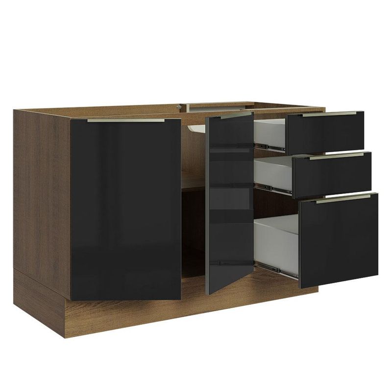 Balcão Gabinete de Pia Madesa Lux 120 cm 2 Portas 3 Gavetas - Rustic/Preto