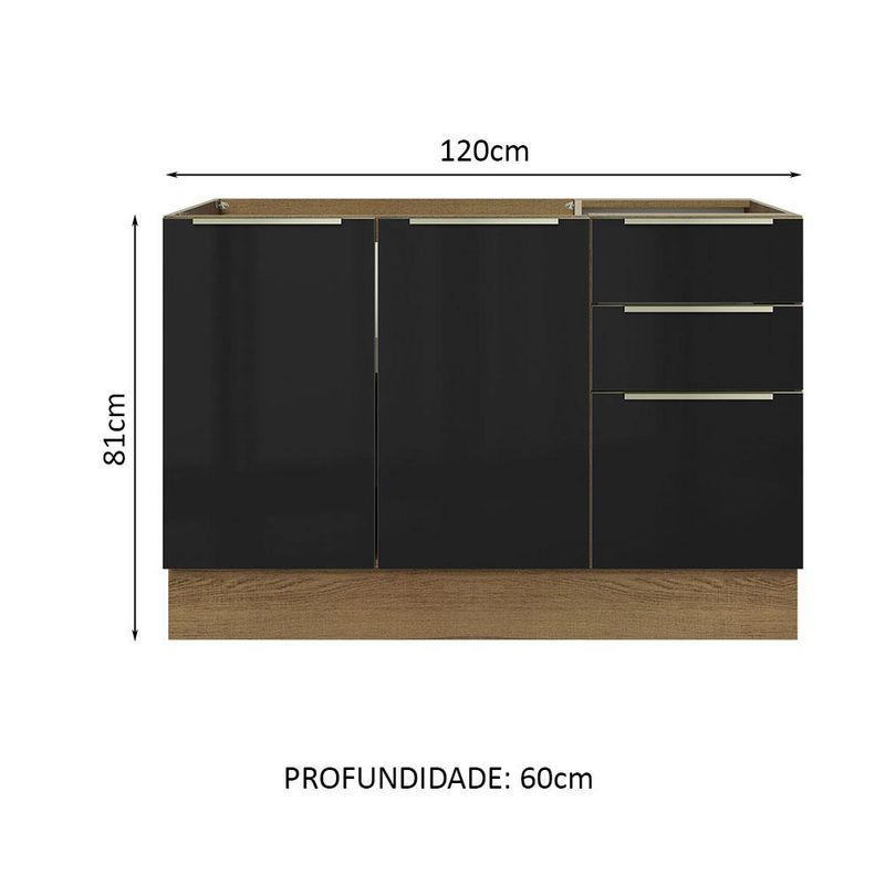 Balcão Gabinete de Pia Madesa Lux 120 cm 2 Portas 3 Gavetas - Rustic/Preto