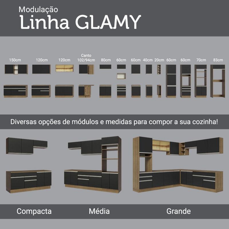 Balcão Madesa Glamy 120 cm 1 Porta e 2 Gavetas (Com Tampo) - Rustic/Preto