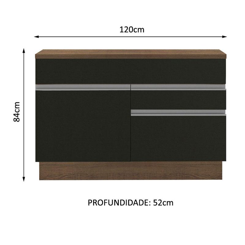 Balcão Madesa Glamy 120 cm 1 Porta e 2 Gavetas (Com Tampo) - Rustic/Preto