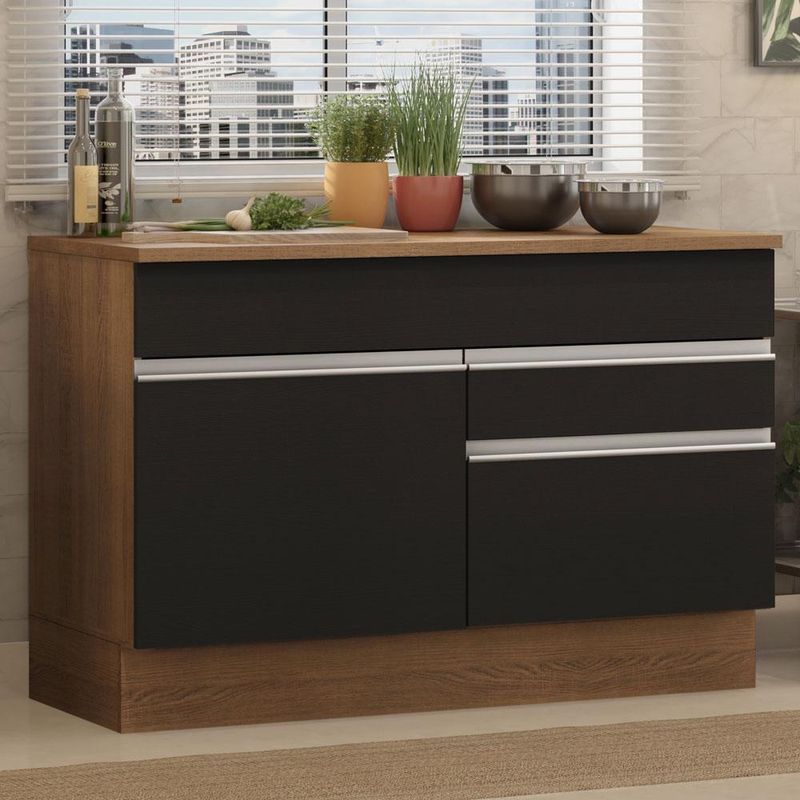 Balcão Madesa Glamy 120 cm 1 Porta e 2 Gavetas (Com Tampo) - Rustic/Preto