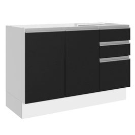 Balcão Gabinete de Pia 100% MDF 120 cm 3 Portas 2 Gavetas Branco/Preto Acordes Madesa Branco/Preto