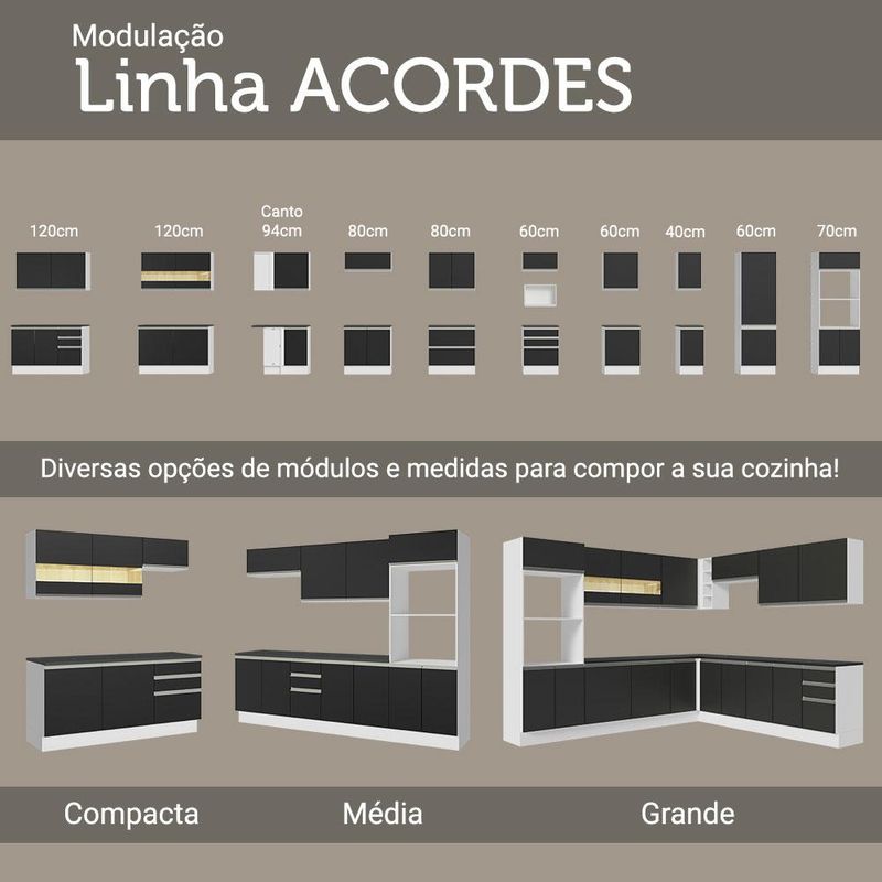 Armário Aéreo 100% MDF 80 cm 2 Portas Branco/Preto Acordes Madesa