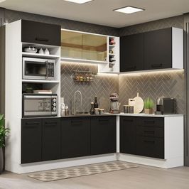 Cozinha Completa de Canto Madesa Agata 399001 com Armário e Balcão (Sem Tampo e Pia) - Branco/Preto Branco/Preto