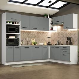 Cozinha Completa de Canto Madesa Agata 479001 com Armário e Balcão (Sem Tampo e Pia) - Branco/Cinza Branco/Cinza