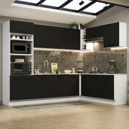 Cozinha Completa de Canto Madesa Agata 479001 com Armário e Balcão (Sem Tampo e Pia) - Branco/Preto Branco/Preto
