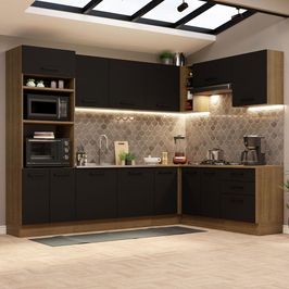 Cozinha Completa de Canto Madesa Agata 479001 com Armário e Balcão (Sem Tampo e Pia) - Rustic/Preto Rustic/Preto