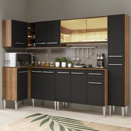 Cozinha Completa de Canto Madesa Emilly Wave com Armário Vidro Reflex, Balcão e Paneleiro Rustic/Preto