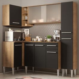 Cozinha Completa de Canto Madesa Emilly Face com Balcão e Armário Vidro Rustic/Preto