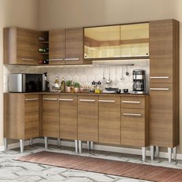 Cozinha Completa de Canto Madesa Emilly Wave com Armário Vidro Reflex, Balcão e Paneleiro Rustic