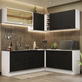 Cozinha Completa de Canto Madesa Agata 389001 com Armário e Balcão (Sem Tampo e Pia) - Branco/Preto Branco/Preto