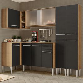 Cozinha Completa de Canto Madesa Emilly Self com Balcão, Armário de Vidro e Paneleiro Rustic/Preto