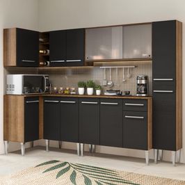 Cozinha Completa de Canto Madesa Emilly Space com Armário de Vidro, Balcão e Paneleiro Rustic/Preto